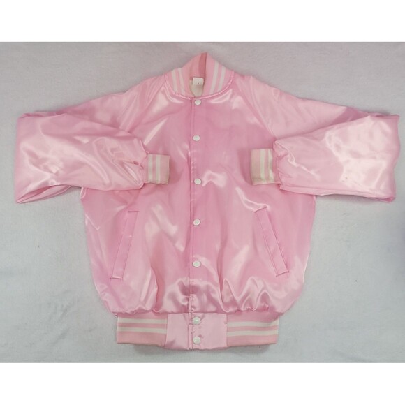 Vintage Pink Satin Bomber Jacket Retro 80's Style Unisex Made In USA Size Medium - Picture 1 of 12